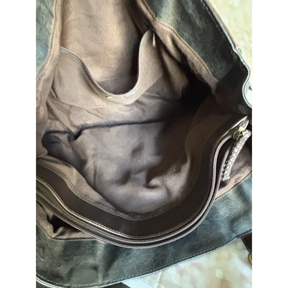 Bueno Black Brown‎ Distressed Vegan Leather Tote Bag Gold Turn Lock Satchel